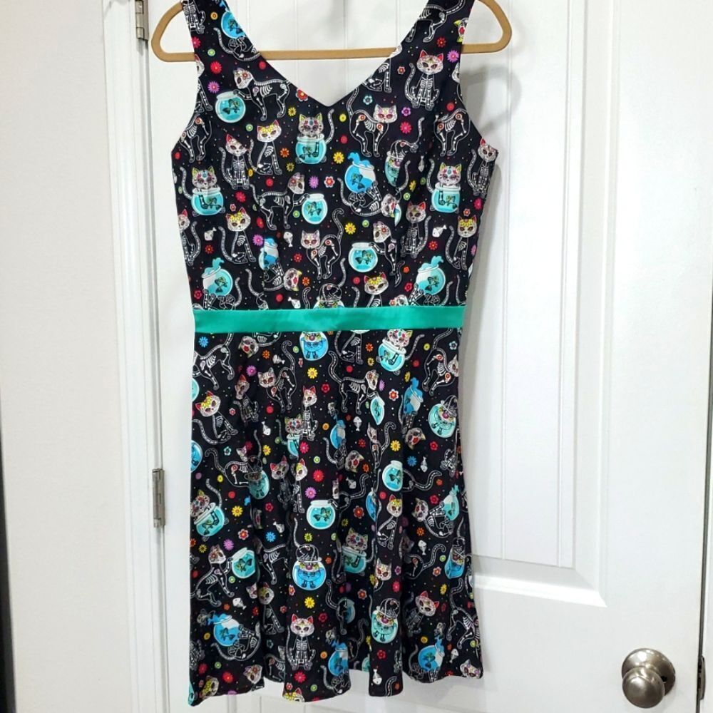Hemet Multicolor Day Of The Dead Cat Cotton Fit & Flare Mini Dress Medium